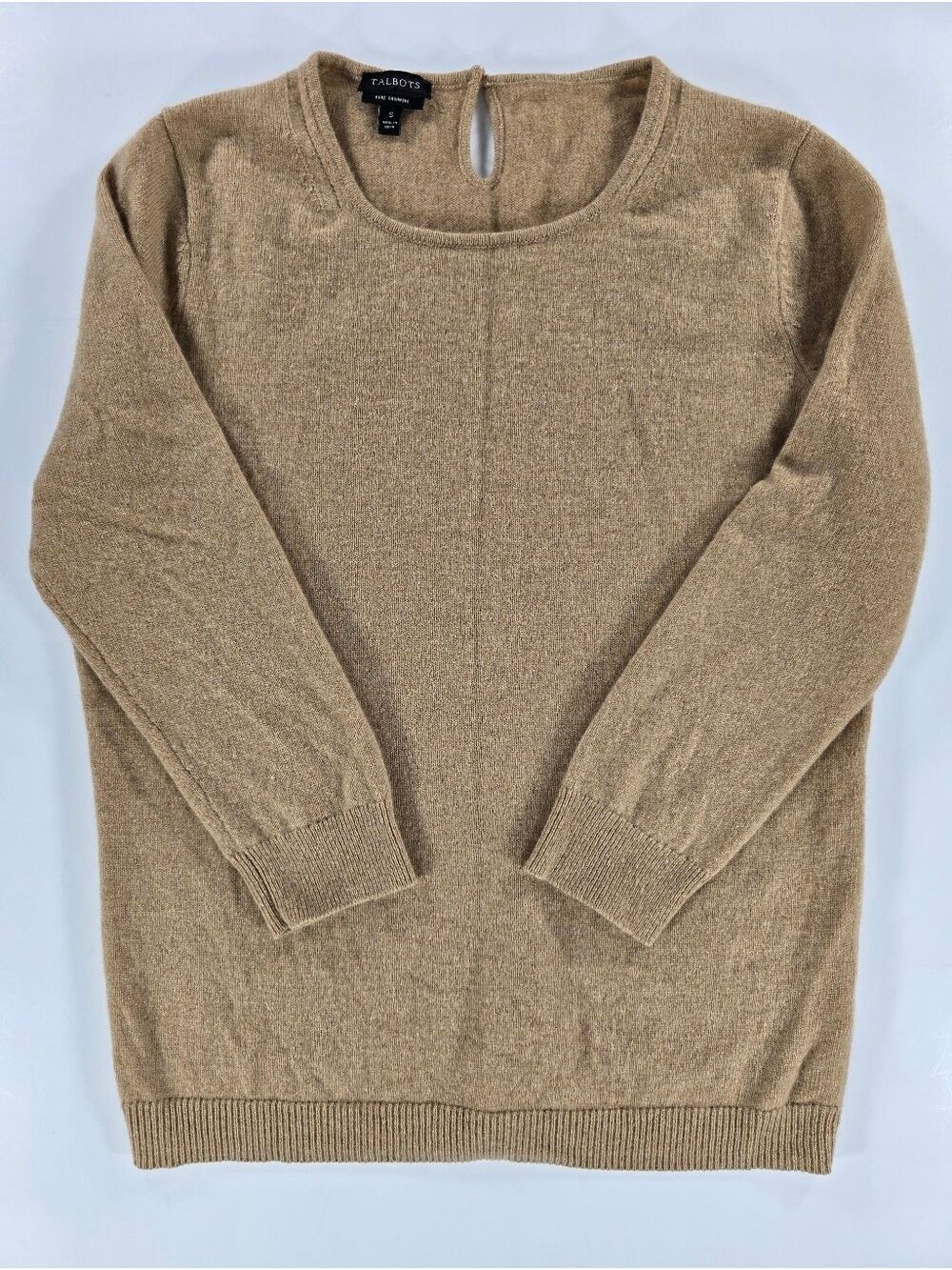 Talbots Pure Cashmere Crewneck Sweater Tan Brown 3/4 Sleeve Womens Small
